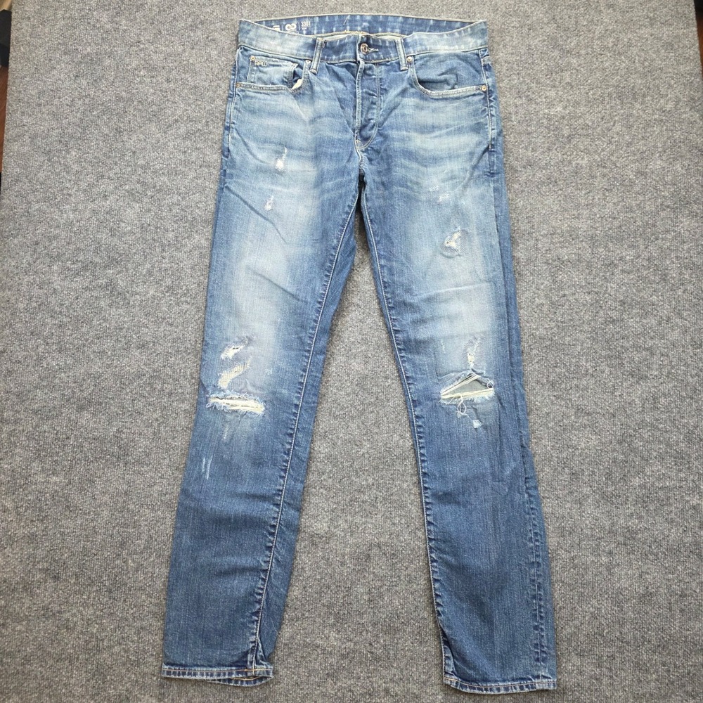 G-Star Raw Jeans Mens 33x33 Blue 3301 Slim Straight Distressed Button Fly Faded